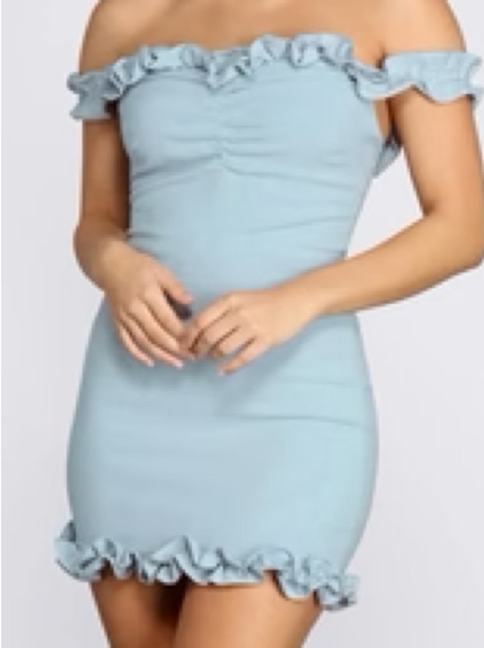 Ruffled Off-Shoulder Bodycon Mini Dress in Light Blue